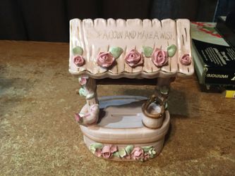 Lefton wishing well figurine drop a coin make a wish with roses and a bucket