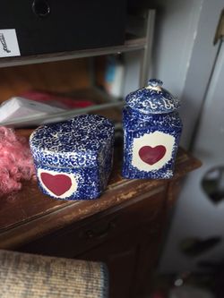 Blue Spongeware Ceramic Heart Box and Canister Set