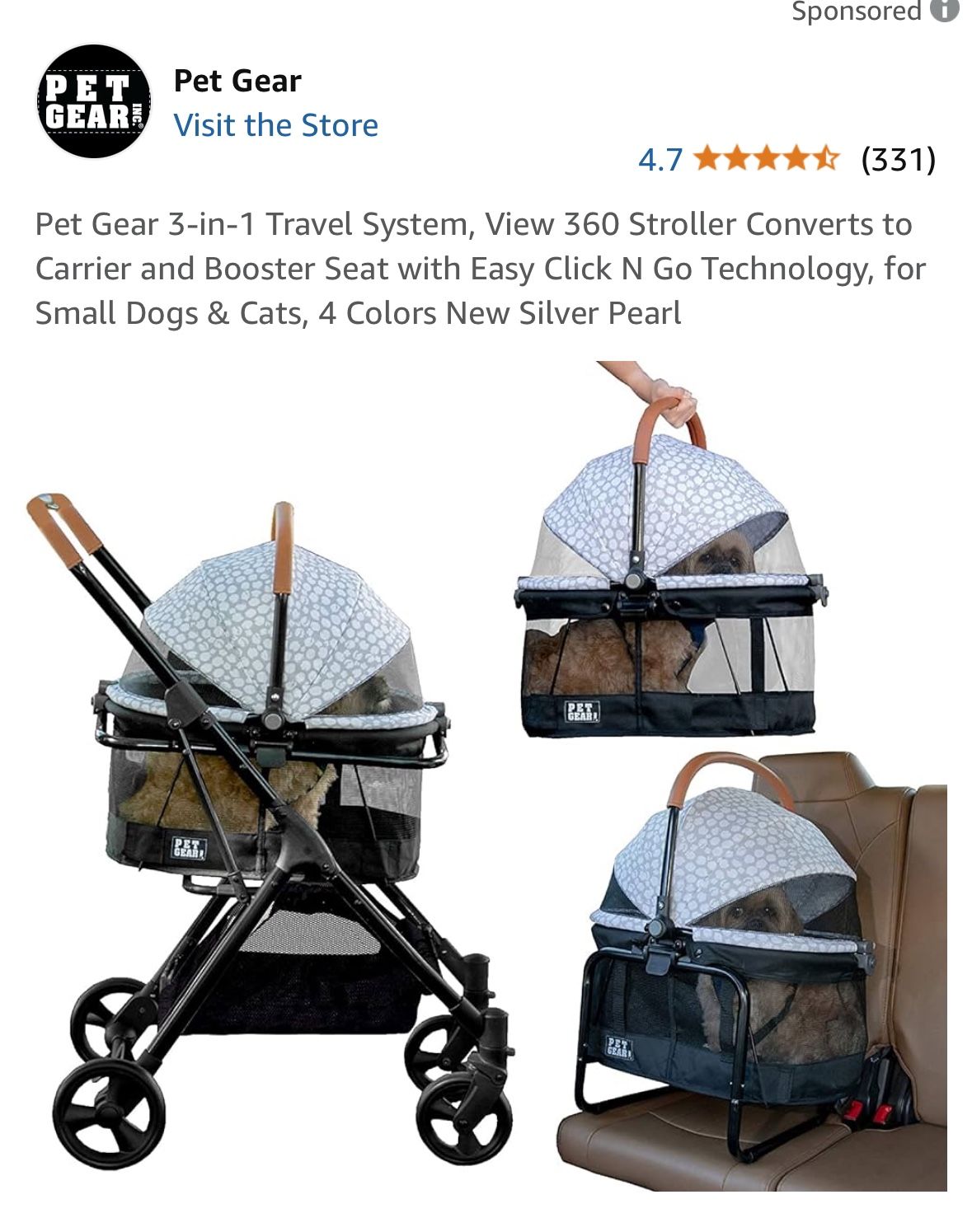 Pet Gear 3-in-1 Travel System, View 360 Stroller Converts to Carrier and Booster Seat with Easy Click N Go Technology, for Small Dogs & Cats, 4 Colors