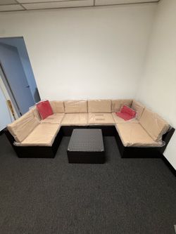 7 Piece Modular Patio Sofa w/ Glass Top Coffee Table