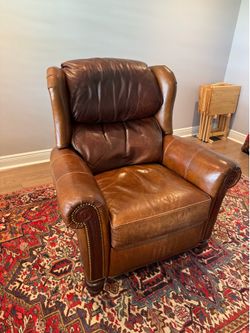 Brown Top-Grain Leather Wingback Recliner - Nailhead Trim, Push-Back