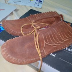Taos Brown Fringe Leather Moccasins 