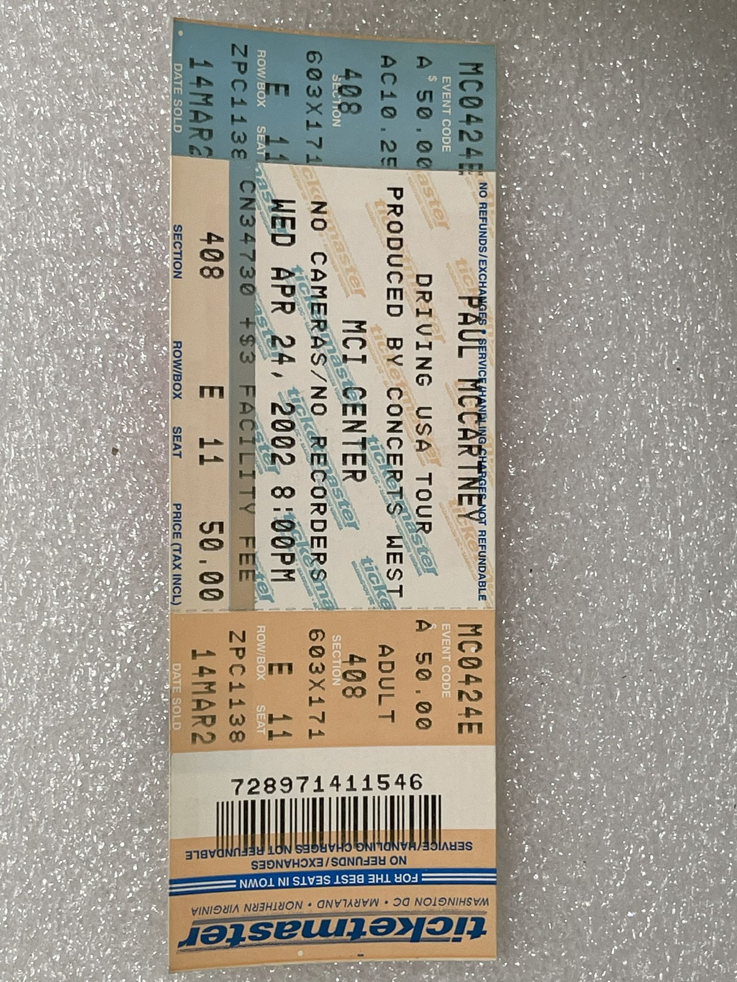 Paul McCartney Unused Concert Ticket MCI Center 2002