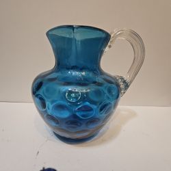 Vintage 1970s Fenton Thumbprint Coin Dot Optic Glass  Blue Mini Pitcher 5in