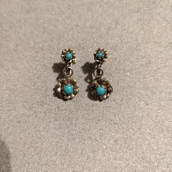 Vintage Sterling Silver & Turquoise Flower Earrings
