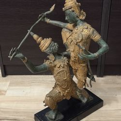 RARE Vintage Thai Rama Temple Warrior Verdigris Gold Gilt Asian Art Sculpture Statue Figurine Prince Fighting Demon Dungeon Guard Monster 8"x10"