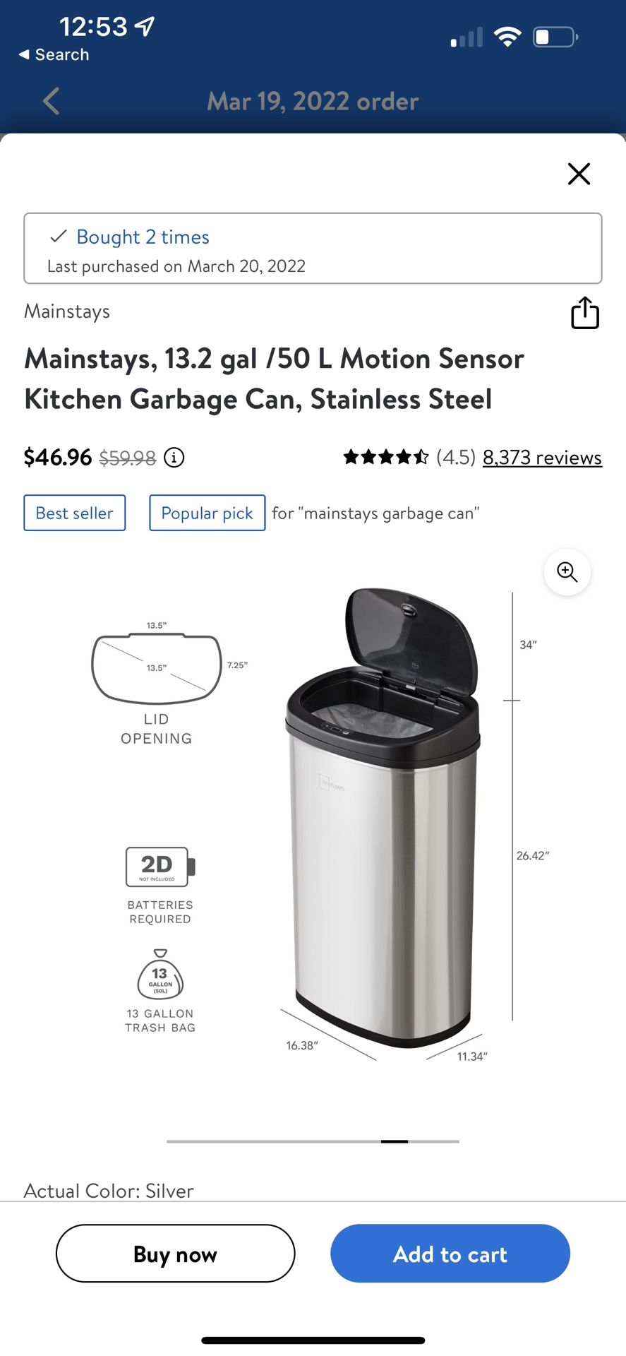 Brand new Mainstays, 13.2 gal /50 L Motion Sensor Kitchen Garbage Can, Stainless Steel