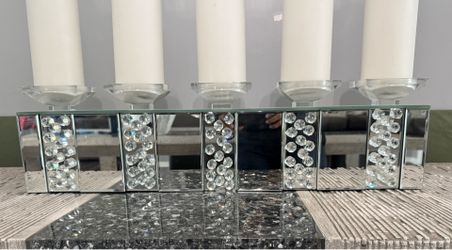 . Glass Pillar Candelabra with Mirrored Accents and Crystals