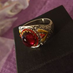 Mens 2Toned Ring W/ Oval Red Stone +