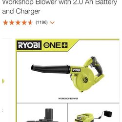 Ryobi One+ 18V Cordless Compact Workshop Blower with 2.0 Ah Battery and Charger