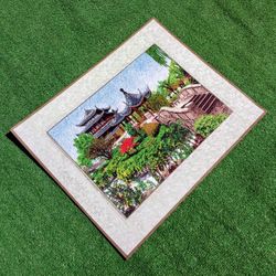 Vintage Chinese Pagoda Bridge Garden Hand Embroidered Silk Wall Hanging Tapestry