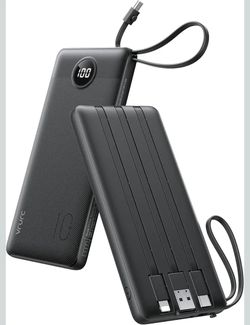 VRURC Portable Charger with Built in Cables, Slim Power Bank 10000mAh, USB C Travel Battery Pack, 5 Output 2 Input External Charging Bank for iPhone 1