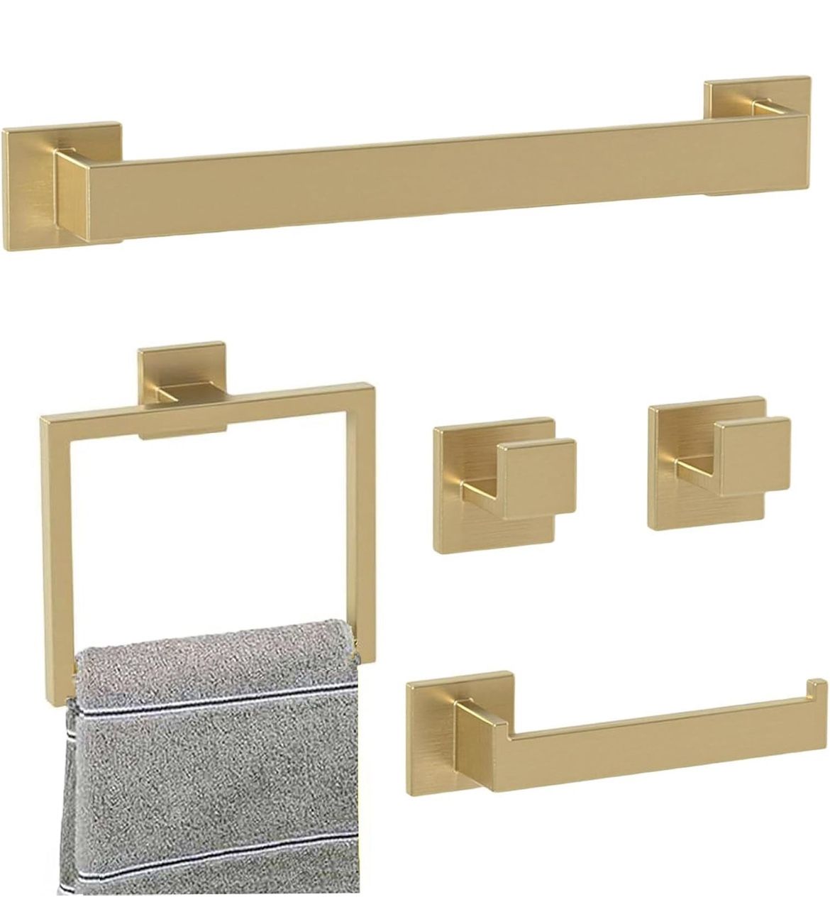Bathroom Accessory Towel Bar Set: 5 Pieces Gold Bathroom Hardware Square SUS304 Stainless Steel - Wall Mounted Towel Rack&Toilet Paper Holder&Towel Ri