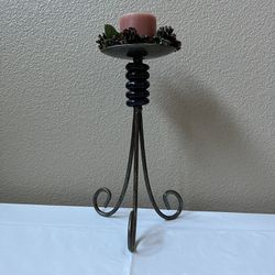 Rustic Brass Metal Cobalt Blue Glass Pillar Candle Holder With Candle 