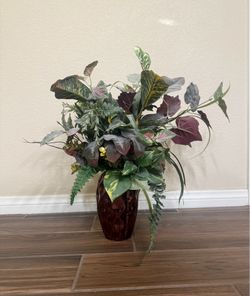 Faux Mixed Foliage Arrangement in Dark Brown Vase - Green & Burgundy