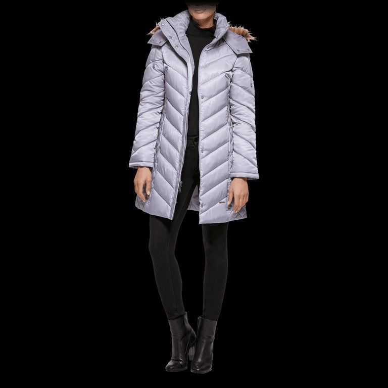 Kenneth Cole Heavyweight 3/4 Faux Fur Trim Hooded Puffer (Light Grey, Medium)