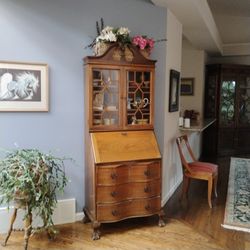 Writing Desk With Glass Doors On Upper Cabinet And 3 Drawers