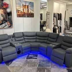 Grey Sectional With Speakers And Led Lights
