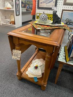 End Table Drop Leaf Wood and Glass