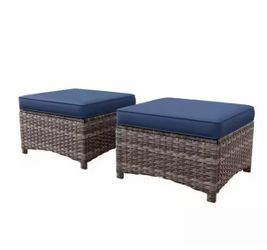 Wicker Outdoor Patio Ottoman with Blue Cushions (Set of 2)
