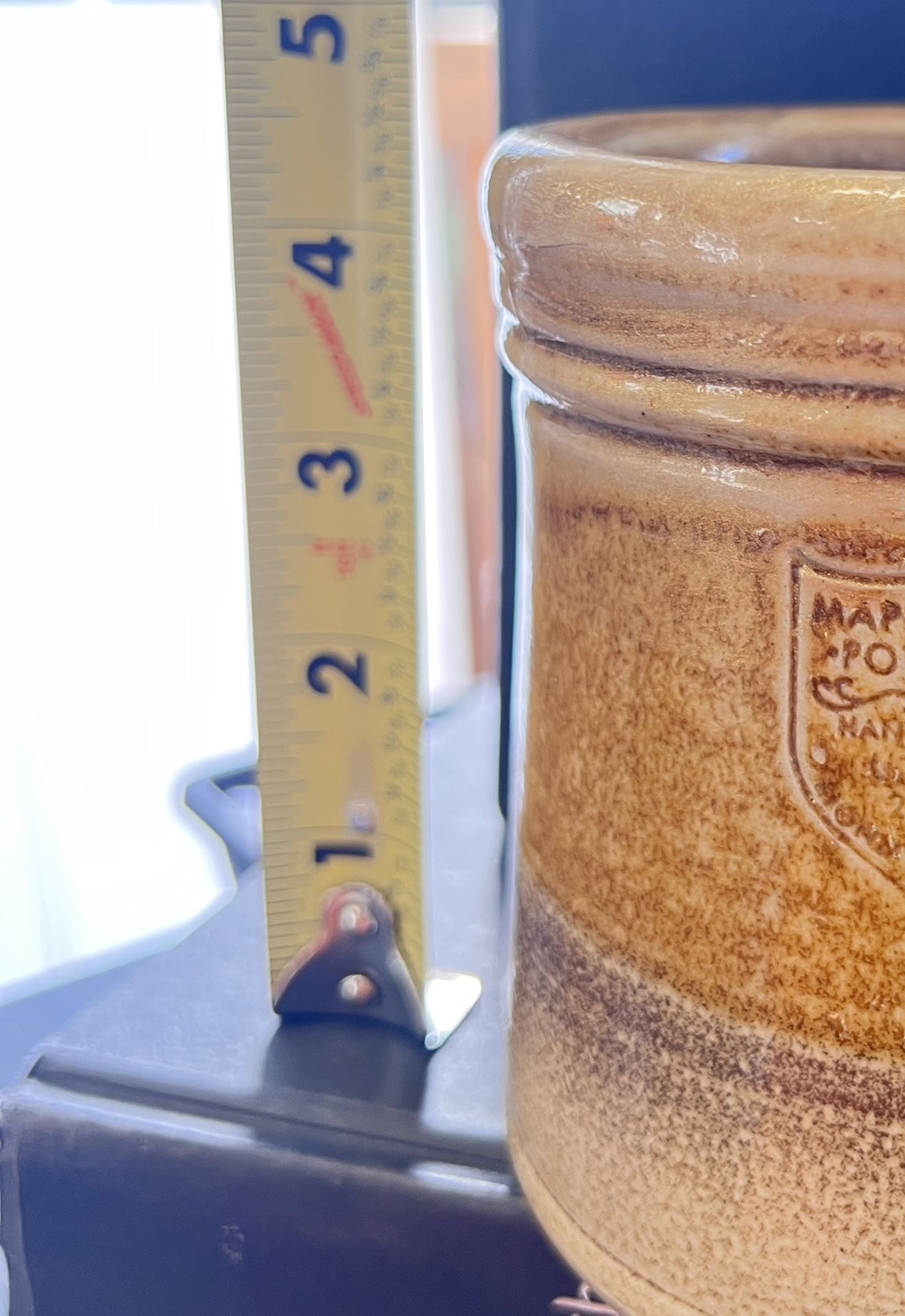 Maple City Pottery, specifically a handmade, salt-glazed stoneware crock jar , 1987