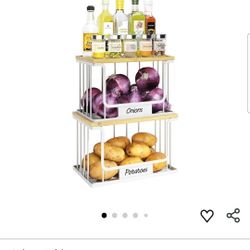 2 Set Potato and Onion Storage Bin with Metal Base, Stackable Produce Basket with Bamboo Top & Tag, Pantry Organizers and Storage for Kitchen Countert