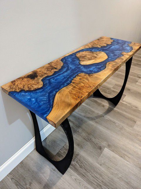 Epoxy River Console/Entry Table With Live Edge Maple Burl