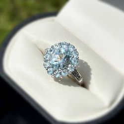 Jewelry 14k solid white gold aquamarine stones diamonds ring 4.55CTW size 8.25