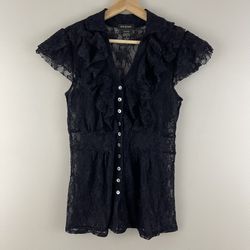 Vintage 90’s Black Dark Academia Gothic Lace Semi Sheer Short Sleeve Blouse Top
