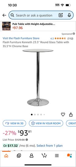 Flash Furniture Kenneth 23.5'' Round Glass Table with 35.5''H Chrome Base