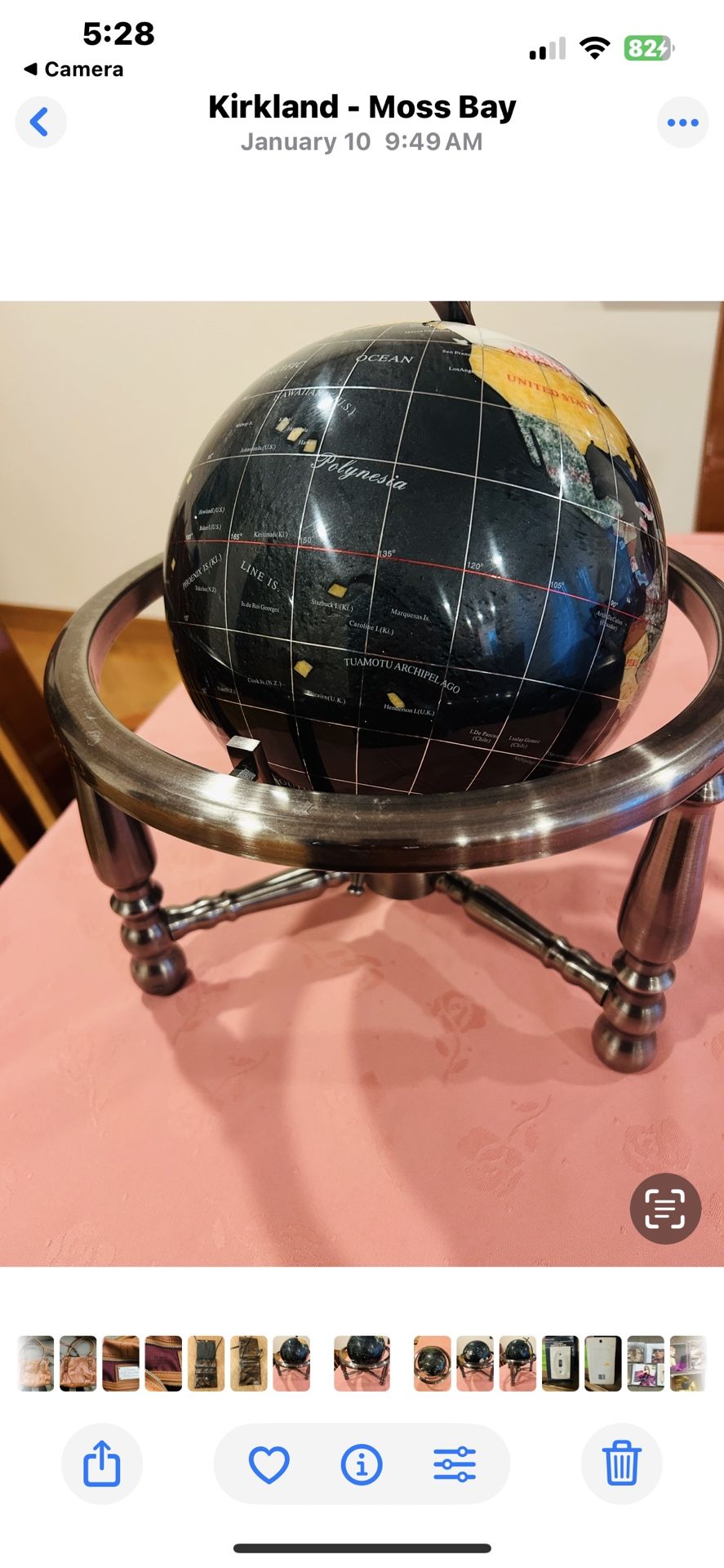 14" Round with overhang The actual GLOBE size is 9.25" BLACK Ocean ,Silver Tone ,Tripod Legs Gemstones, Lapis, Precious Gems World GLOBE Spins and M