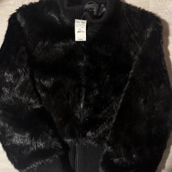 Express Women’s Zip Jacket Black Faux Fur, Brand New With Tags