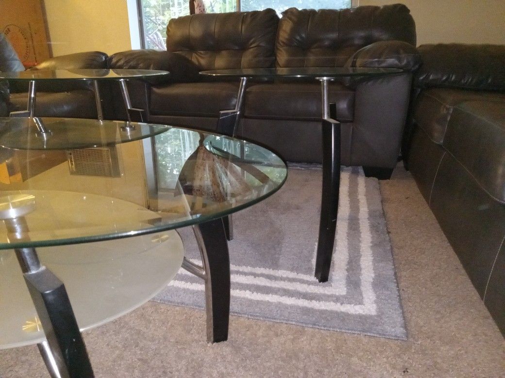 1 Set of living room furniture, 1 set of 3 glass table, and carpet. USED-GOOD