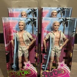 Barbie The Movie Ken Doll Wearing Pastel Pink and Green Striped Beach Matching Set with Surfboard