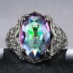 Big Mystic Rainbow Topaz Hollow Art Deco Silver Ring - Size 6