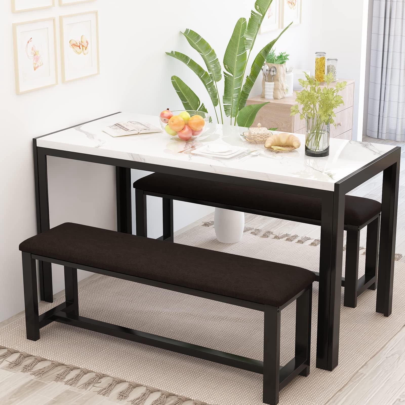 Dining Table Set for 4, Faux Marble Kitchen Table Set with 2 PU Leather Benches, Breakfast Nook Set for Small Spaces, 3 Piece Farmhouse Dining Room Ta