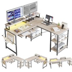 59.45-in W 3-Drawer White Computer Desk with Monitor Stand and Keyboard Tray and Light Strip