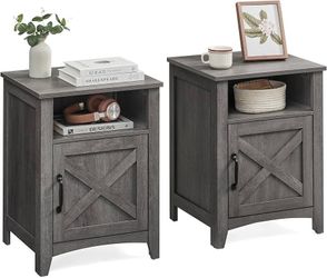 Nightstand Farmhouse Barn Door Bedside Table with Storage Side End Table, Night Stand, Open Compartment, for Bedroom, Set of 2, Misty Gray, LIRY Colle