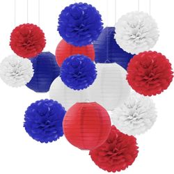 15Pcs Red White Blue Paper Pom Poms and Lanterns for Independence Day