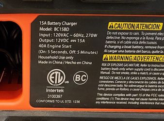 BLACK+DECKER BC15BD Fully Automatic 15 Amp 12V Bench Battery  Charger/Maintainer with 40A Engine Start, Alternator Check, Cable Clamps