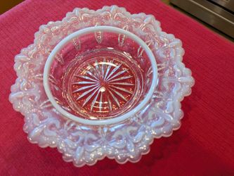 Vtg Jefferson Glass Meander Iris "Fleur de Lis" Opalescent Berry Bowl / Wine coaster "Unique"