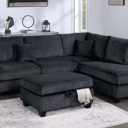 $465 No Tax 3-Pc Corduroy Sectional Sofa With Storage Ottoman 