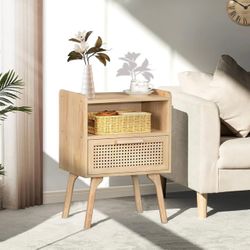 Cane Accent Bedside End Table Nightstand Natural Color