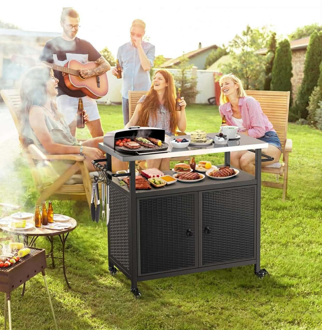 Outdoor Grill Cart with Storage, Outdoor Bar Cart with Wheels, Kitchen Island Cart with Stainless Steel Top for BBQ, Patio, Backyard