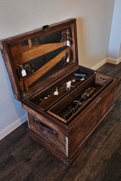 1880's Antique Wooden Tool Chest with over 50 Antique Hand Tools