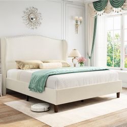 Quee Size Chenille Bed Frame with 52" Tall Headboard, Upholstered Platform Bed with Nailhead Trim Headboard Wingback, No Box Spring Needed, Wood 