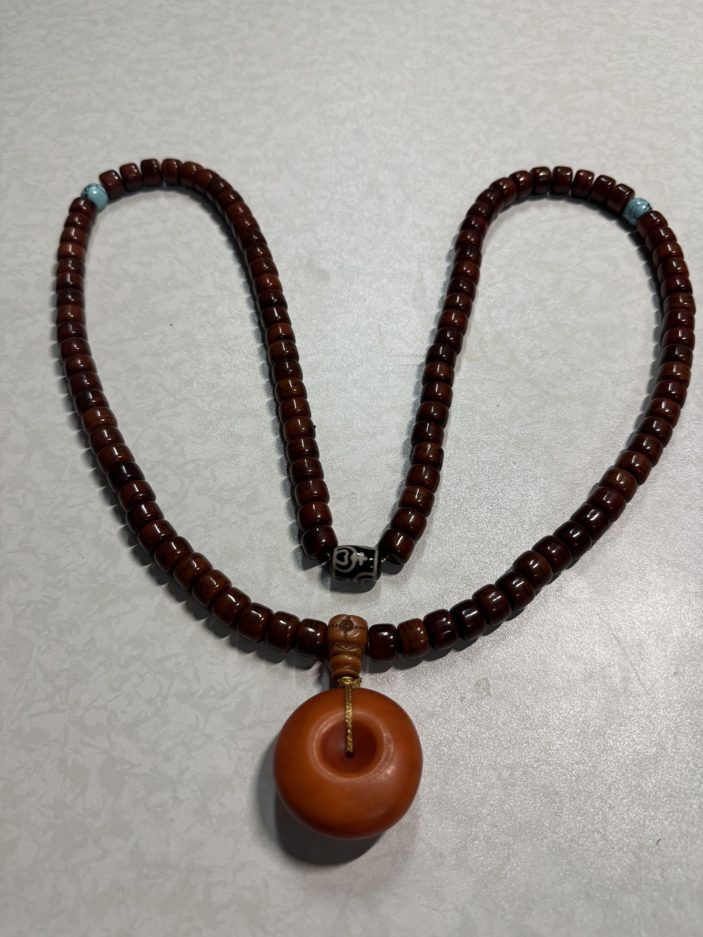 Yak Bone Necklace With Old Amber Pendant 