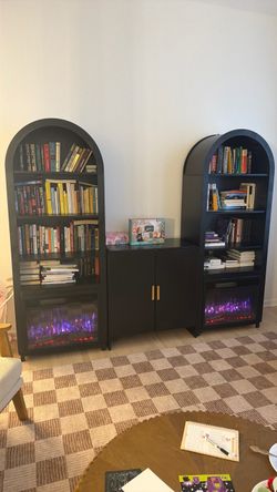 Set of 2 Black Arched Bookcases with Electric Fireplaces without center cabinet