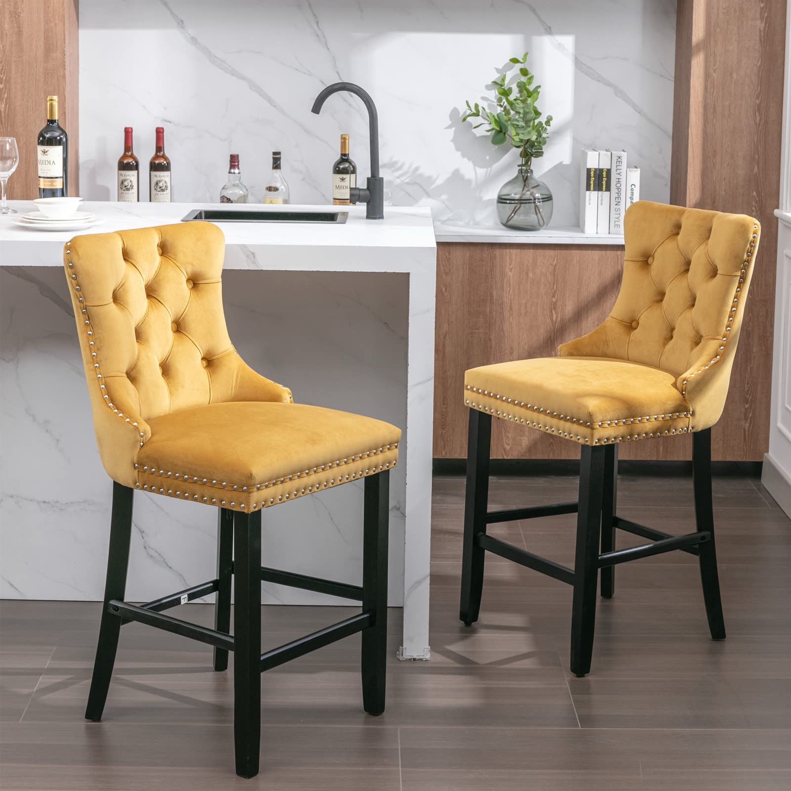 NEW Gecheer Contemporary Velvet Bar Stools Set of 2 with Button Tufted Design, Wooden Legs & Chrome