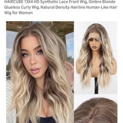HAIRCUBE 13X4 HD Synthetic Lace Front Wig, Ombre Blonde Glueless Curly Wig, Natural Density Hairline Human-Like Hair Wig for Women
